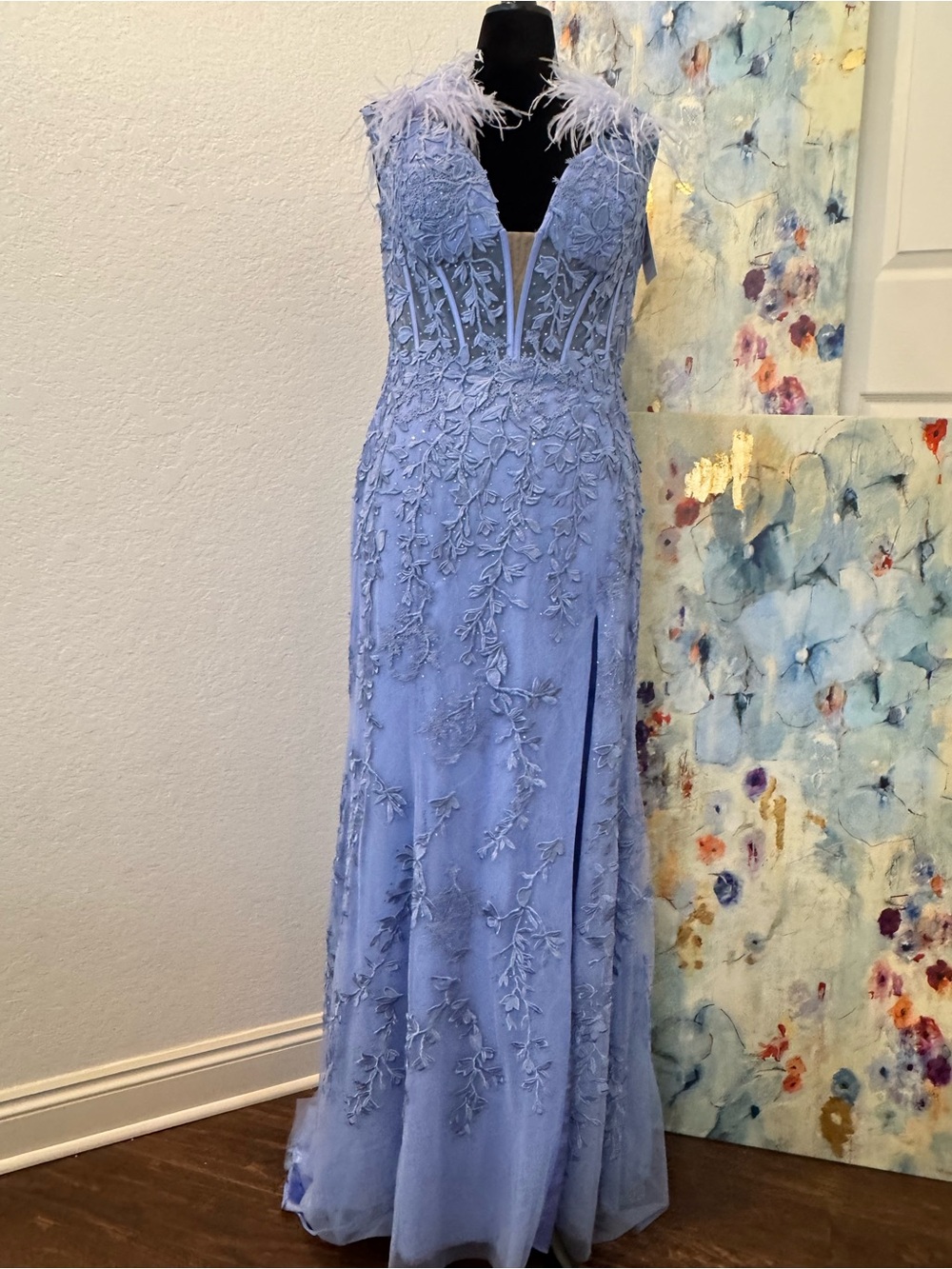 NWT Sherri Hill Sz 18 Periwinkle Off Shoulder Feather Detail Gown 55181 $850
